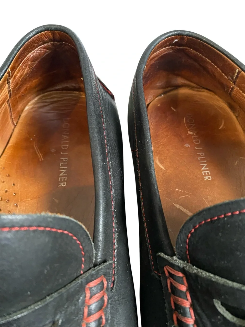 Men's Donald Pliner Dark Blue Leather Penny Loafers with Red Stitching Size 12